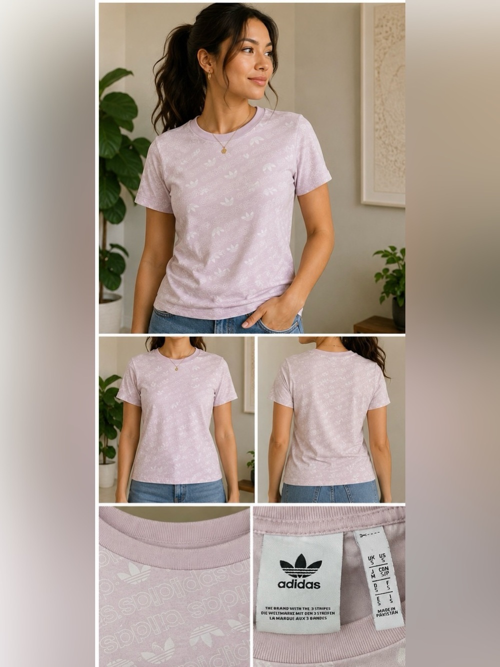 Adidas Originals All Over Trefoil Logo Tee Women’s Small Pink Graphic T-Shirt - Picture 2 of 7